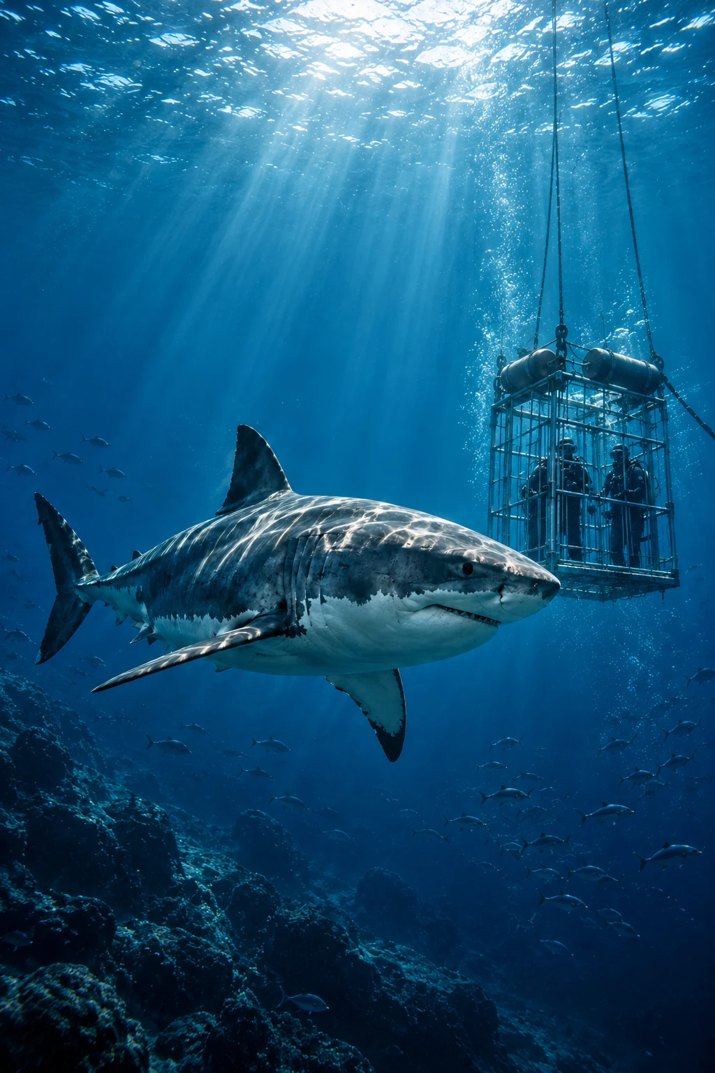 Requin observé depuis une cage de plongée professionnelle — création originale