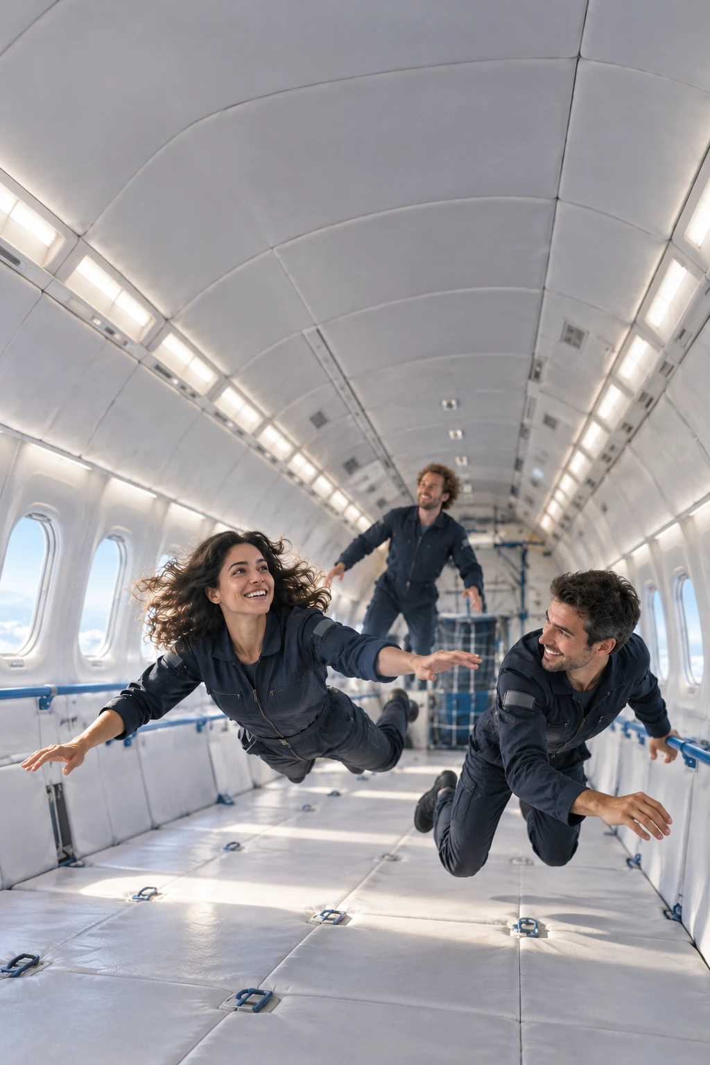 Participants en apesanteur dans une cabine d’avion aménagée — création originale
