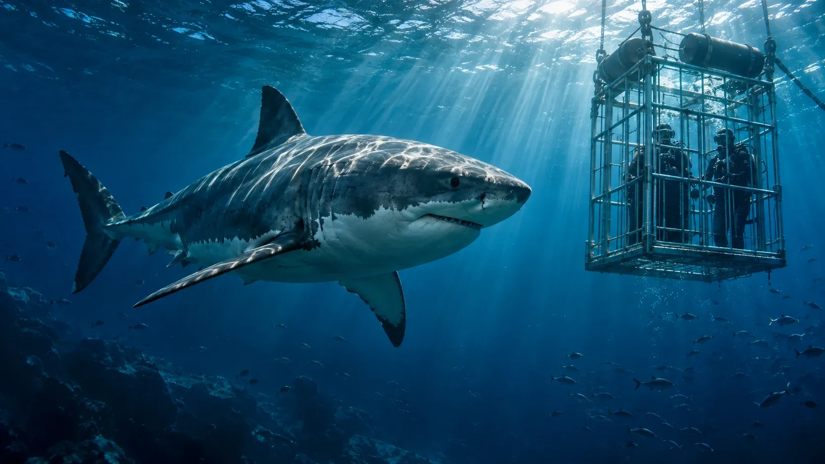 Requin observé depuis une cage de plongée professionnelle — création originale