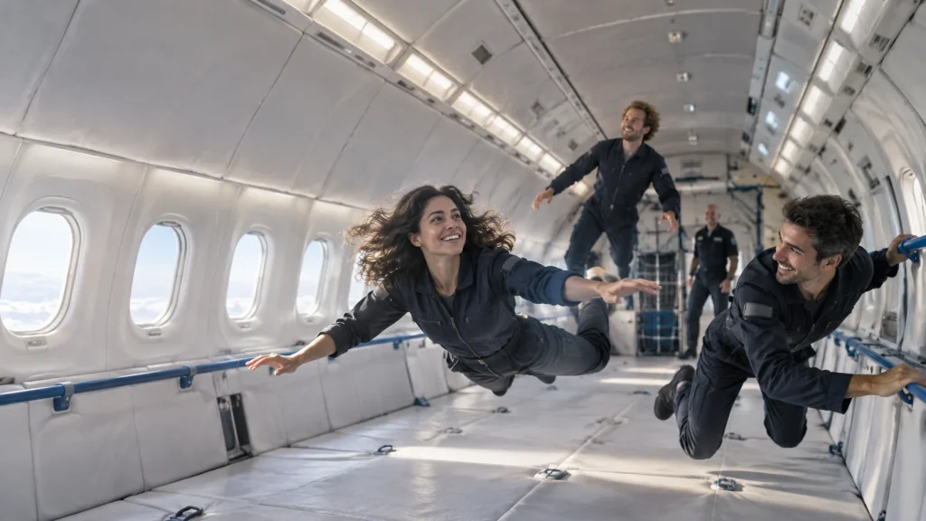 Participants en apesanteur dans une cabine d’avion aménagée — création originale